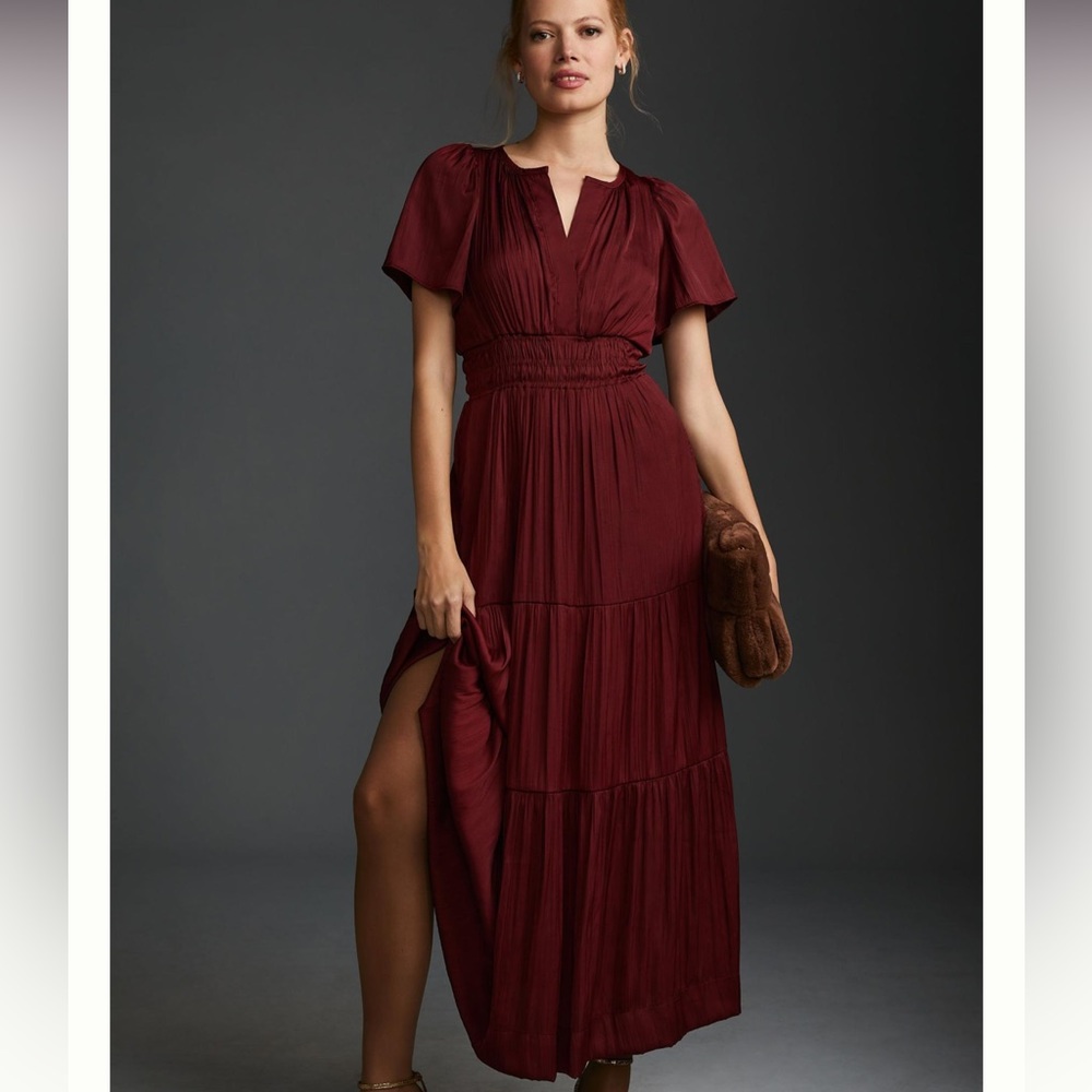 Anthropologie The Somerset Burgundy Satin Maxi Dress